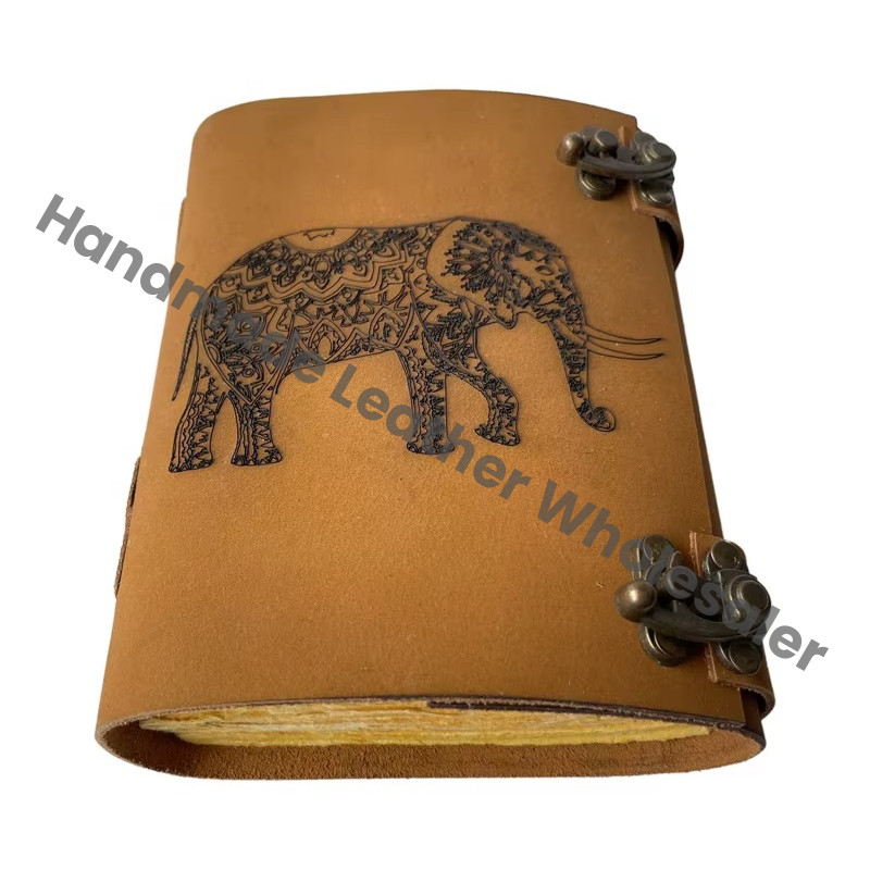 Spell Blank Book Shadows Journal Lock Clasp Elephant Figure Laser Cut Vintage Handmade Leather Saddle Stitching Diary Prayer