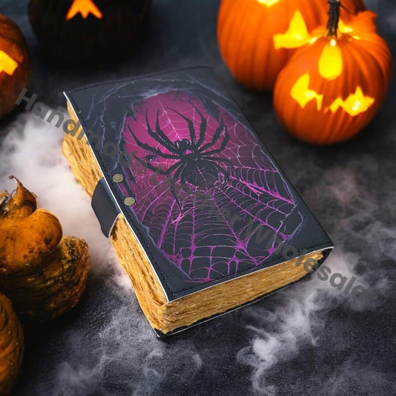 Spider Print Leather Grimoire: Vintage Spell Book