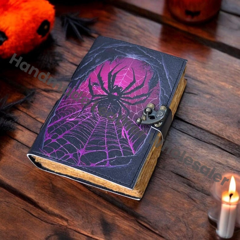 Spider Print Leather Grimoire: Vintage Spell Book