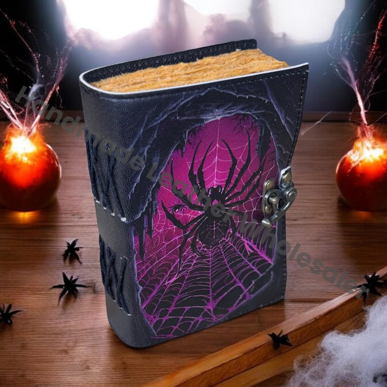 Spider Print Leather Grimoire: Vintage Spell Book