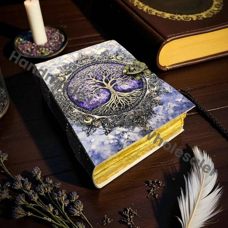 Spiritual Writing Sketchbook Tree of Life Grimoire Vintage leather journal, Blank spell book of shadows witchcraft, personalised