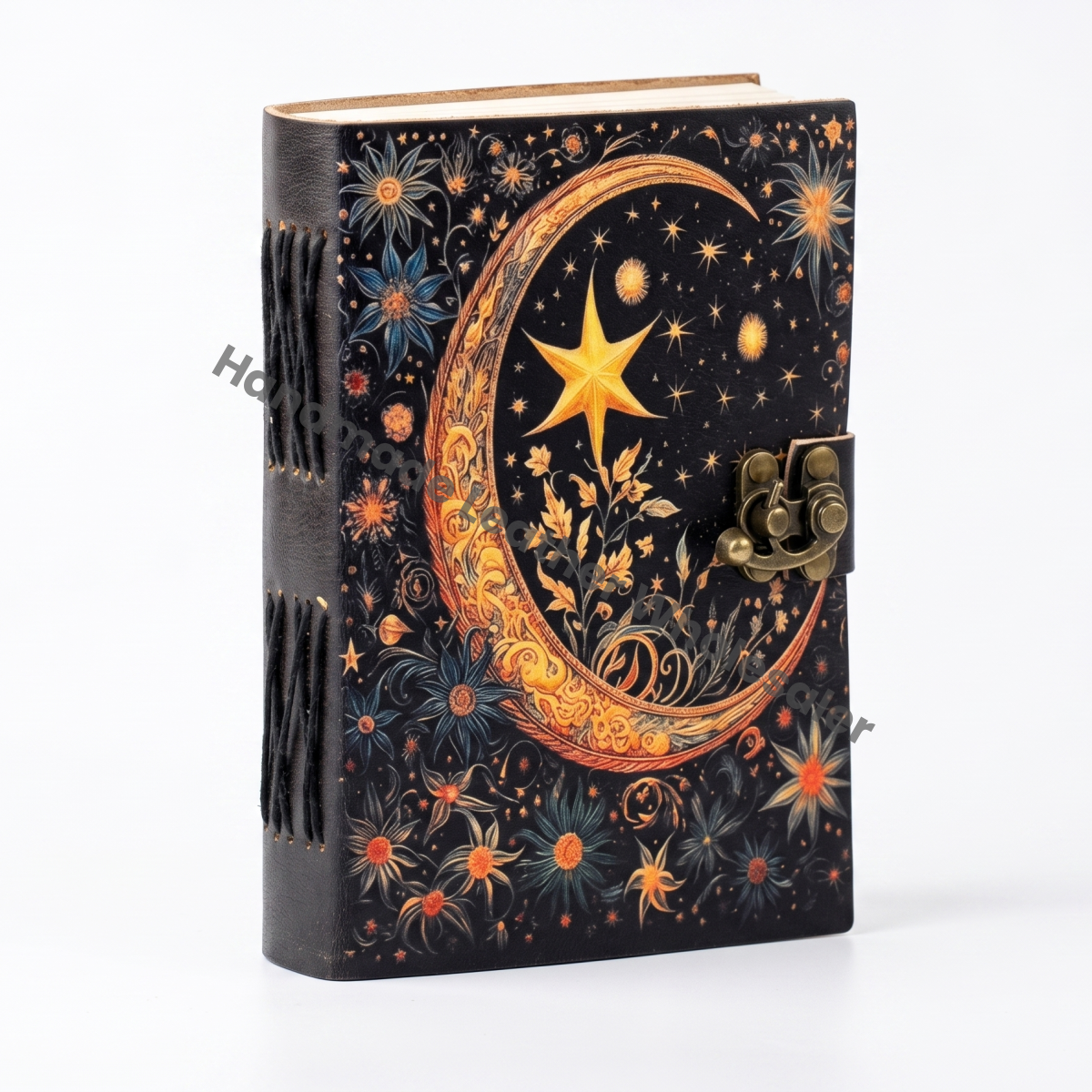Starry Moon Leather Journal - Celestial Notebook With Lock - Witchcraft Spell Book - Handmade Grimoire Diary