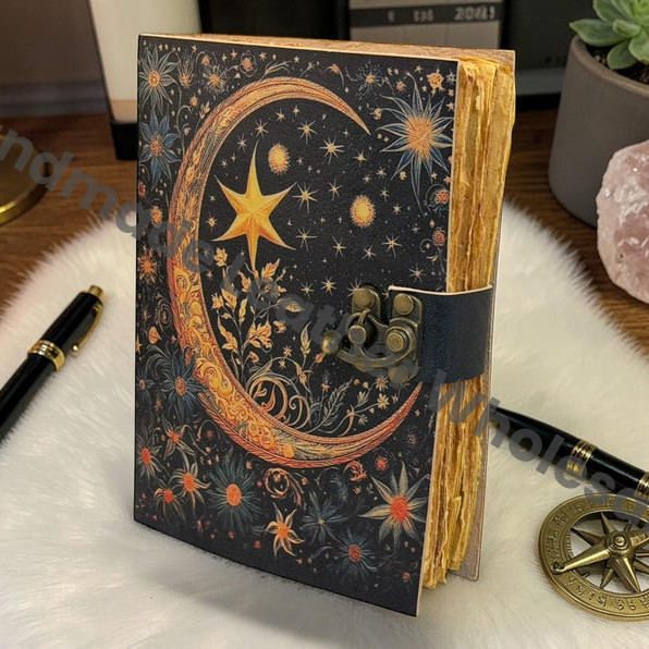 Starry Moon Leather Journal - Celestial Notebook With Lock - Witchcraft Spell Book - Handmade Grimoire Diary