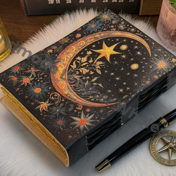 Starry Moon Leather Journal - Celestial Notebook With Lock - Witchcraft Spell Book - Handmade Grimoire Diary