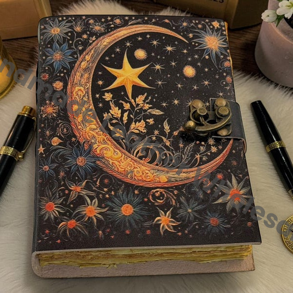 Starry Moon Leather Journal - Celestial Notebook With Lock - Witchcraft Spell Book - Handmade Grimoire Diary