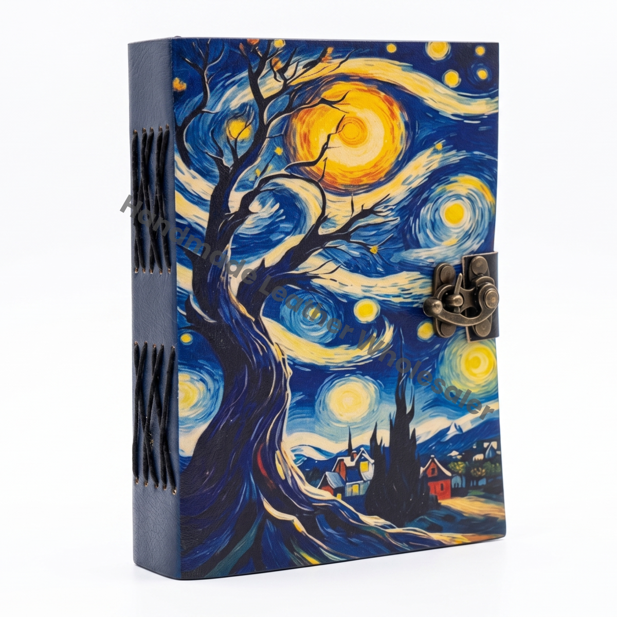 Starry Night Handmade Leather Journal – Grimoire Van Gogh Art Cover Creative Writing Notebook art lover gift