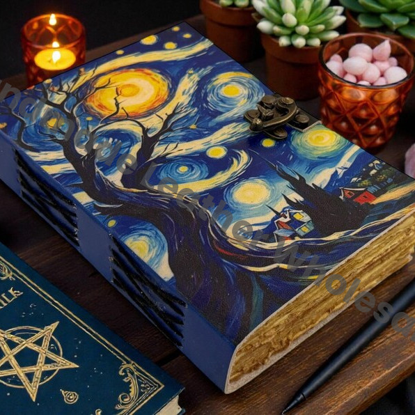 Starry Night Handmade Leather Journal – Grimoire Van Gogh Art Cover Creative Writing Notebook art lover gift