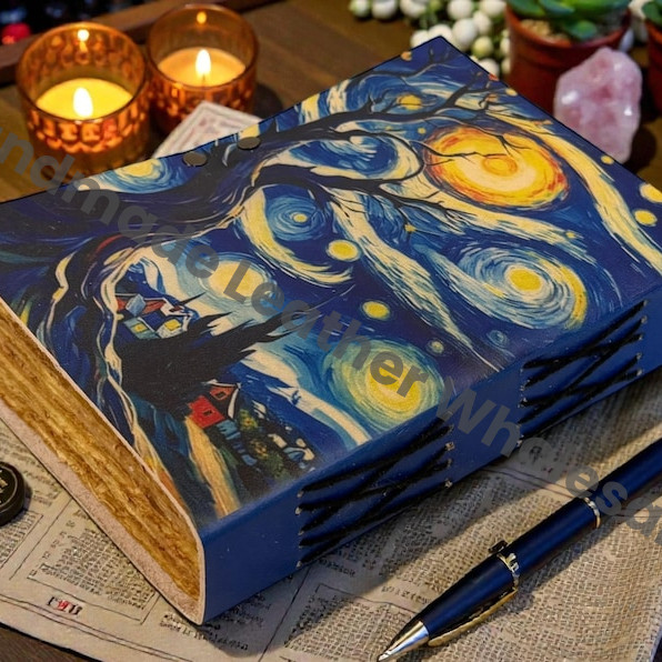 Starry Night Handmade Leather Journal – Grimoire Van Gogh Art Cover Creative Writing Notebook art lover gift