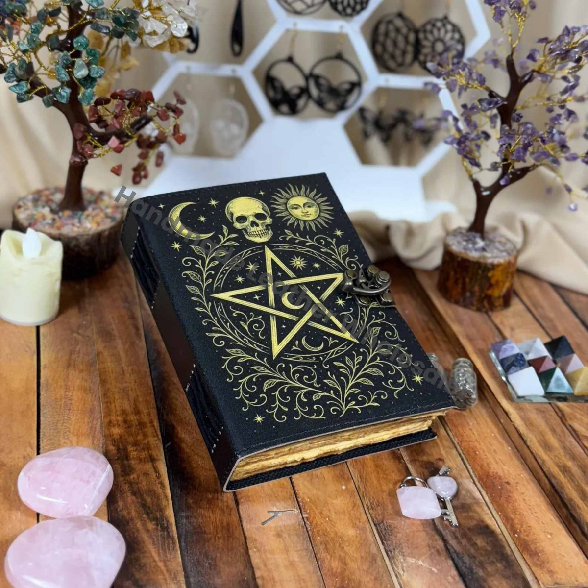 sticMyal Leather Grimoire Journal – Pentagram Moon Sun Witchcraft Book – Gothic Book of Spells – Wiccan Pagan Book of Shadows