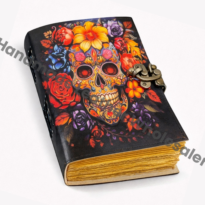 Sugar Skull Leather Journal: Blank Book of Shadows, Vintage Lock