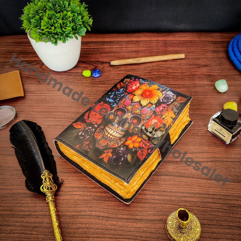 Sugar Skull Leather Journal: Blank Book of Shadows, Vintage Lock