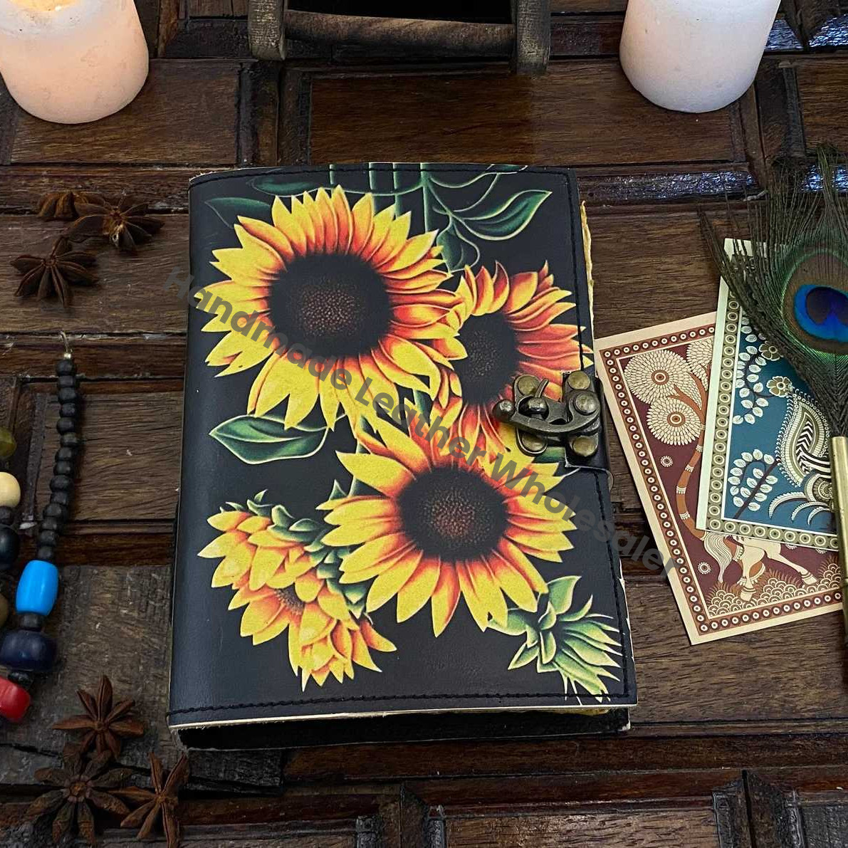 Sun Flower Leather Journal Notepads Book of Shadows Journal for Women Writing Journal, Travel Journal, Handmade deckle Edge paper With Lock