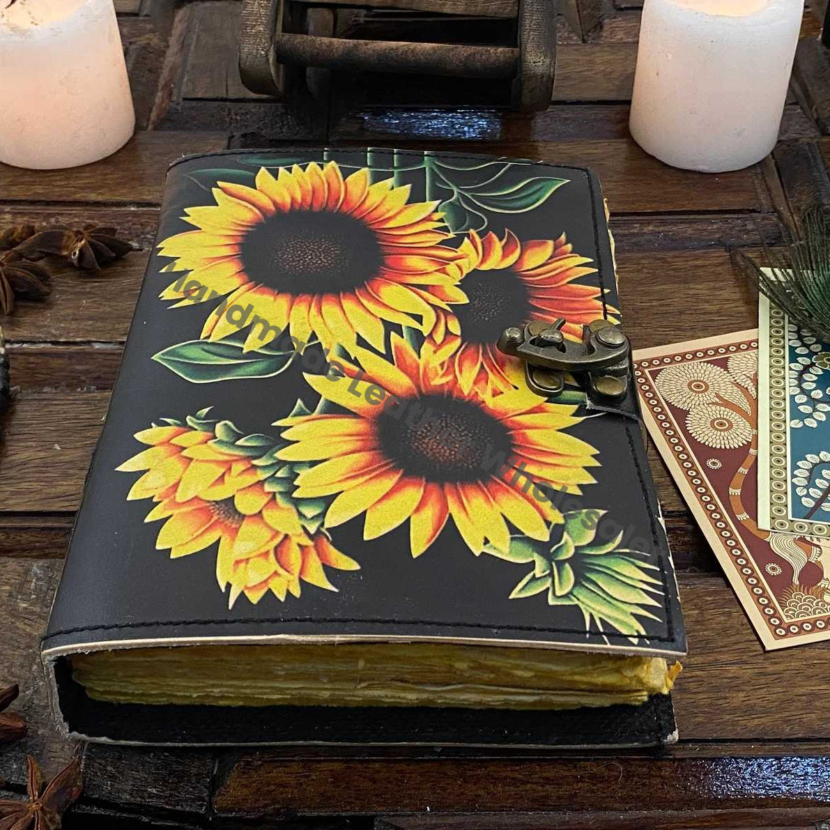 Sun Flower Leather Journal Notepads Book of Shadows Journal for Women Writing Journal, Travel Journal, Handmade deckle Edge paper With Lock
