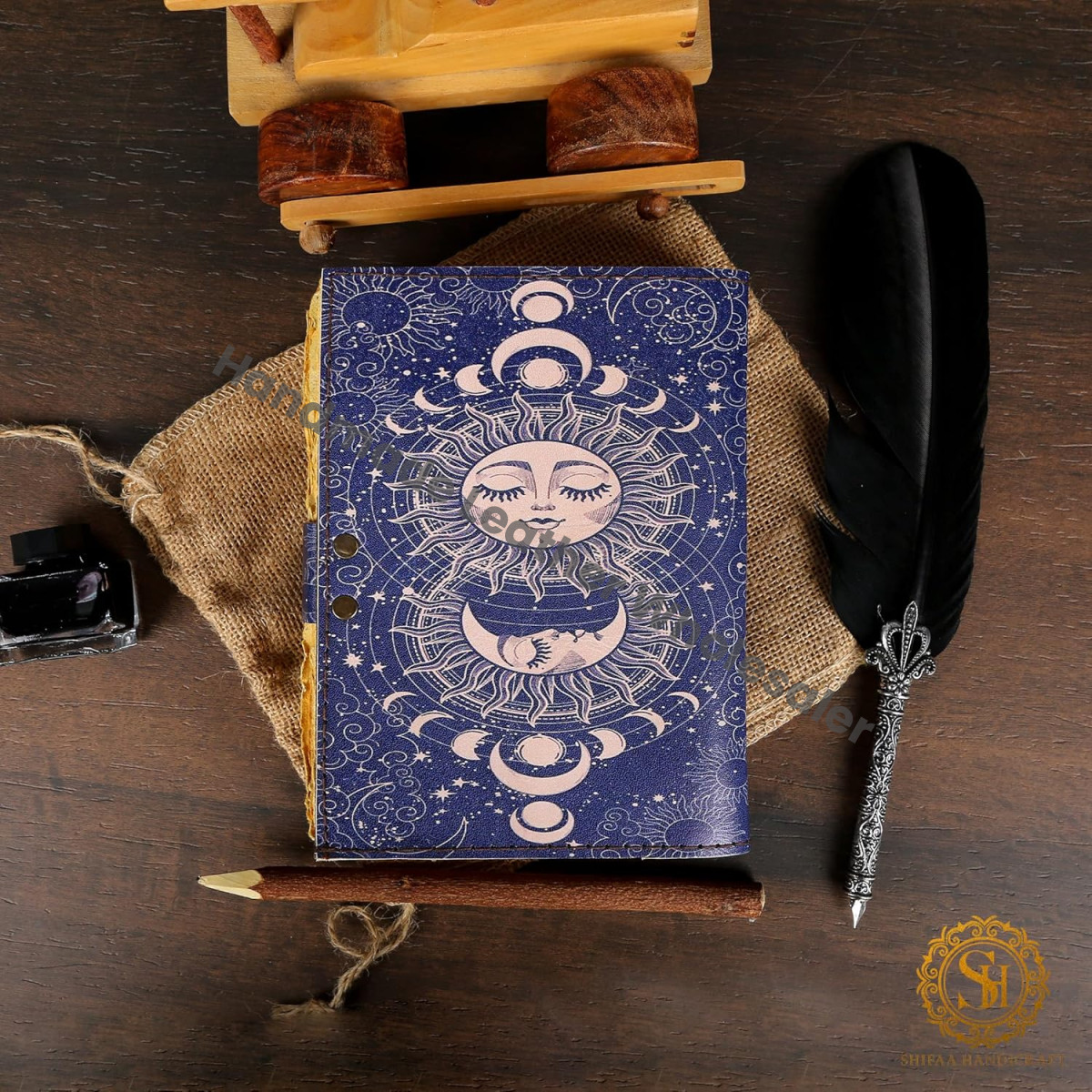 Sun & Moon Leather Journal Grimoire With Handmade Deckle Edge Old Vintage Paper, Book Of Shadows, Leather Sketchbook, Drawing Journal, Leather Journal for Men & Women, Great Gift