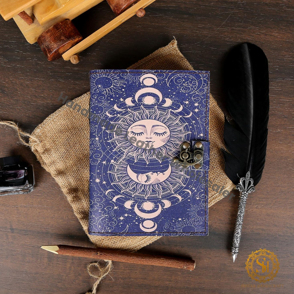 Sun & Moon Leather Journal Grimoire With Handmade Deckle Edge Old Vintage Paper, Book Of Shadows, Leather Sketchbook, Drawing Journal, Leather Journal for Men & Women, Great Gift