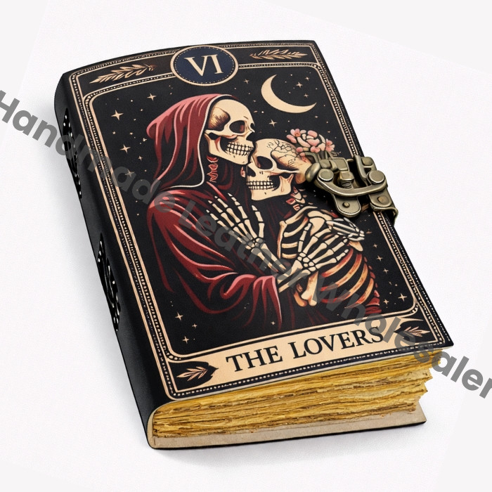 The Lovers Handmade Leather Gothic Journal – Witchcraft Spell Book of shadows with deckle page
