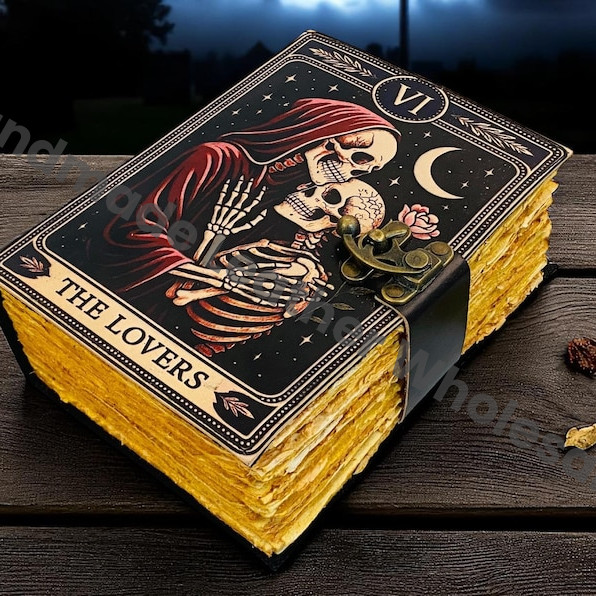 The Lovers Handmade Leather Gothic Journal – Witchcraft Spell Book of shadows with deckle page