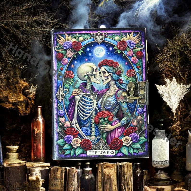 The Lovers Leather Grimoire Journal – Witchcraft Book of Shadows | Celestial Wiccan Spellbook, Gothic Pagan Witchy Gift Diary