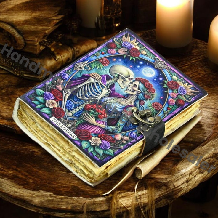 The Lovers Leather Grimoire Journal – Witchcraft Book of Shadows | Celestial Wiccan Spellbook, Gothic Pagan Witchy Gift Diary