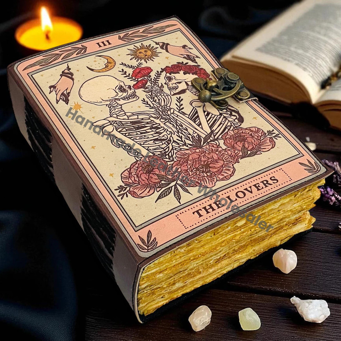 The Lovers Tarot Grimoire Journal – Vintage Leather Spell Book, Gothic Witchy Journal, Deckle Paper Wiccan Diary, Halloween Gift