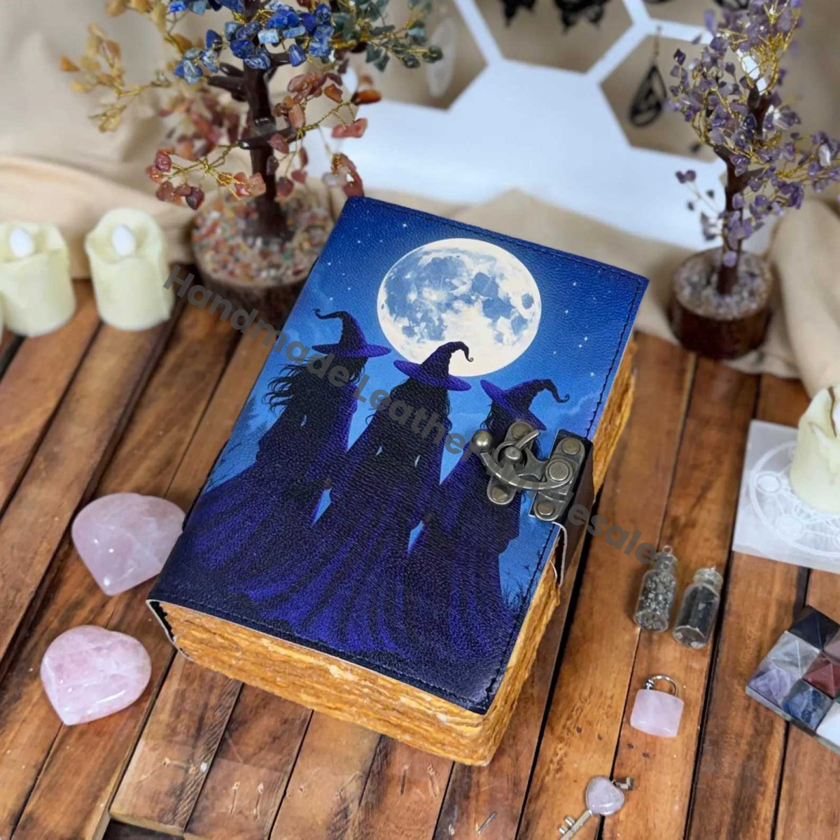 Three Witches Moon Journal | Witchcraft Grimoire | Celestial Spell Book | Deckle Edge Paper Notebook