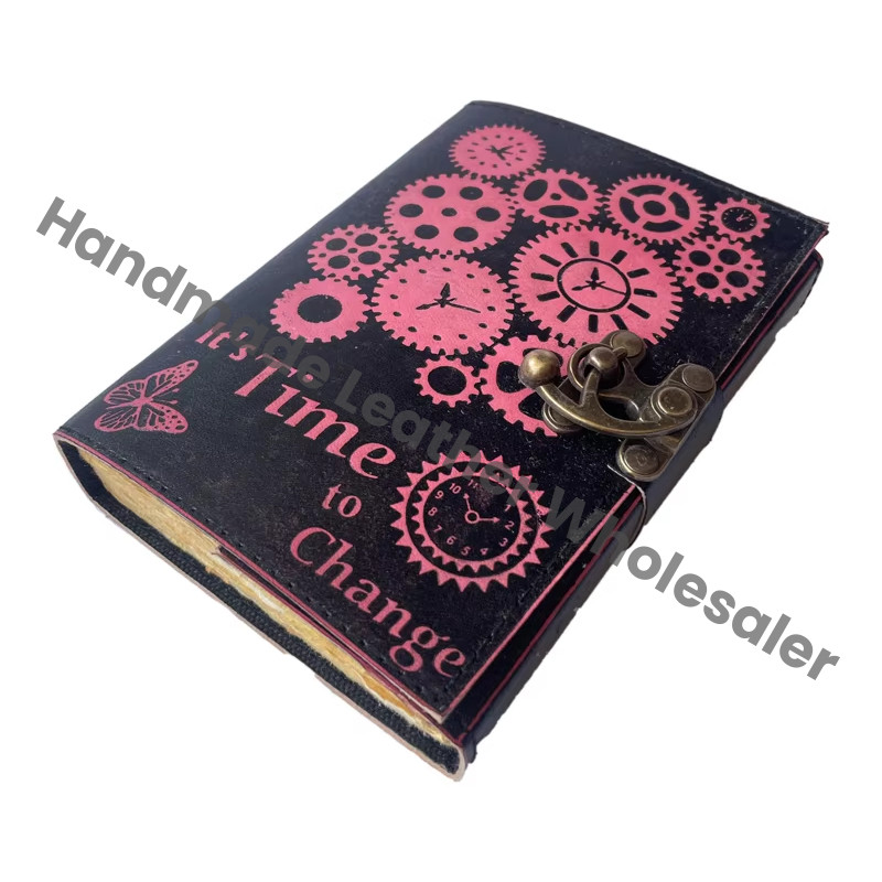 Time Machine Emboss Antique Book Spell Charmed Leather Handmade Deckle Edge Paper Pink Black Vintage Sketchbook Planner Gift