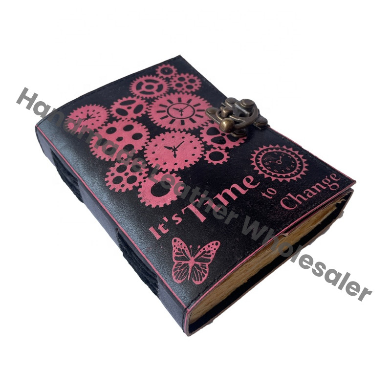 Time Machine Emboss Antique Book Spell Charmed Leather Handmade Deckle Edge Paper Pink Black Vintage Sketchbook Planner Gift
