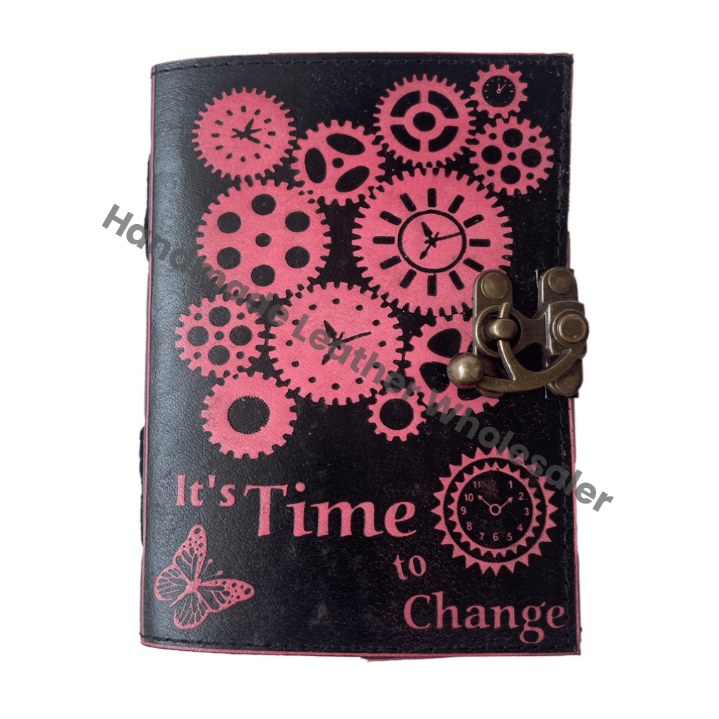 Time Machine Emboss Antique Book Spell Charmed Leather Handmade Deckle Edge Paper Pink Black Vintage Sketchbook Planner Gift