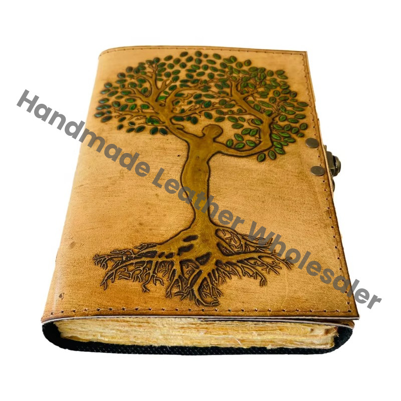 Tree Life Leather Hardcover Journal Vintage Recyclable Paper Personal Organizer Antique Embossed Charcoal Gift Custom Logo