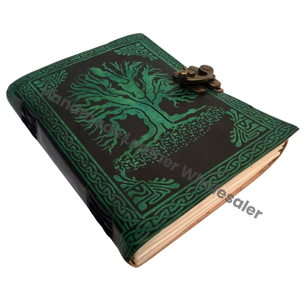 Tree Life Leather Journal Vintage Handmade Black Hardcover Amethyst Stone Custom Logo Women Large Book Spell Grimoire Sketchbook