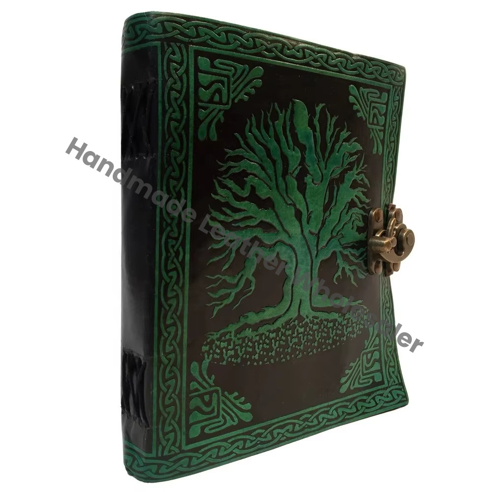 Tree Life Leather Journal Vintage Handmade Black Hardcover Amethyst Stone Custom Logo Women Large Book Spell Grimoire Sketchbook