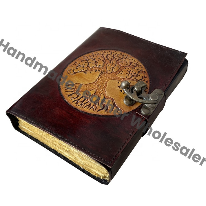 Tree of Life Antique Handmade Deckle Edge Paper Yellow Brown Embossed Vintage Leather Journal Sketchbook Book of Charmed Spell