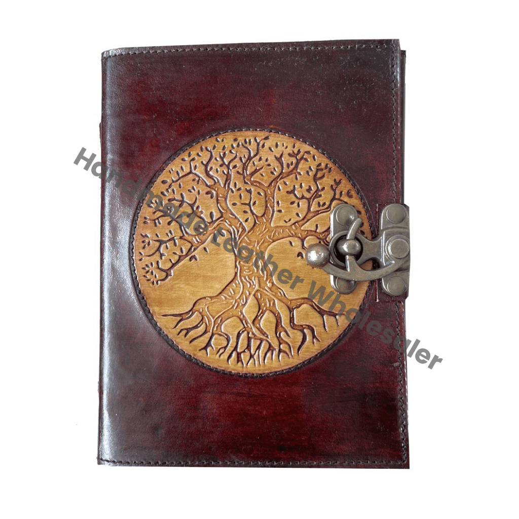 Tree of Life Antique Handmade Deckle Edge Paper Yellow Brown Embossed Vintage Leather Journal Sketchbook Book of Charmed Spell