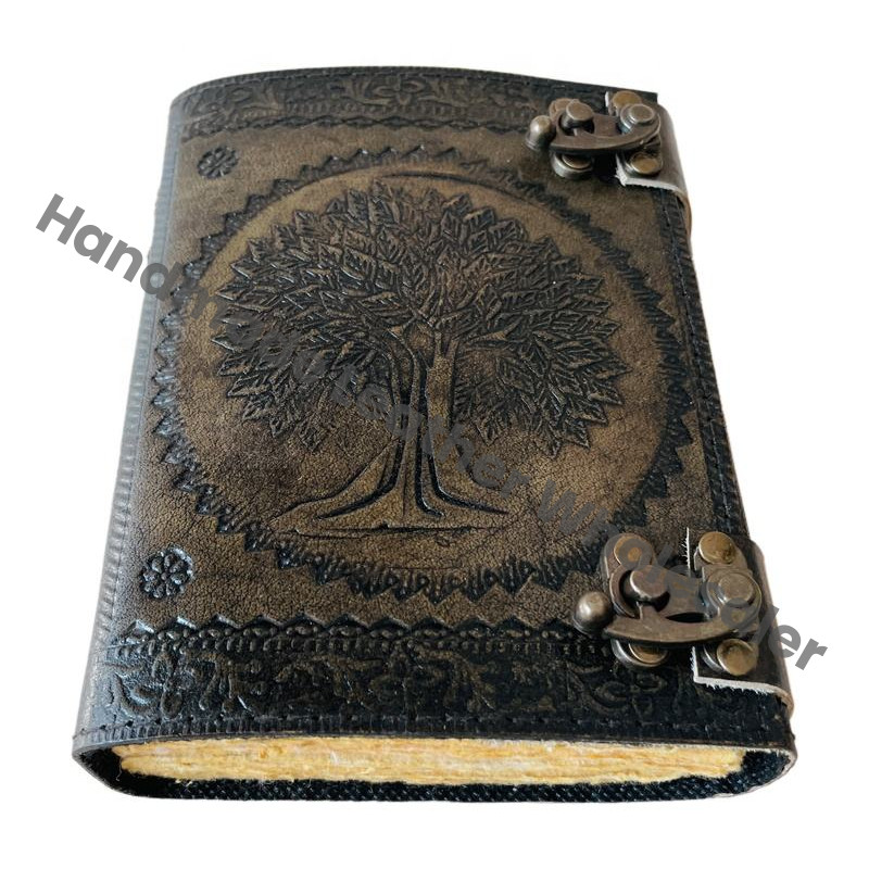 Tree of life Leather Journal Antique Embossed Charcoal Book of Spells Prop Handmade Paper Personal Organizer Gift for Him her