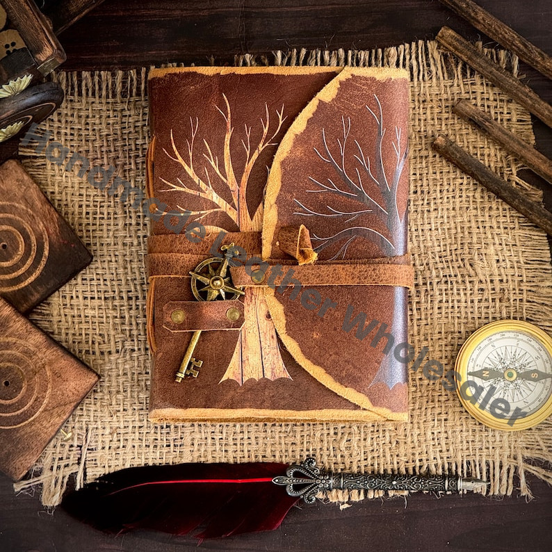 Tree of Life Leather Journal - Handmade Deckle Edge Paper, Book of Shadows