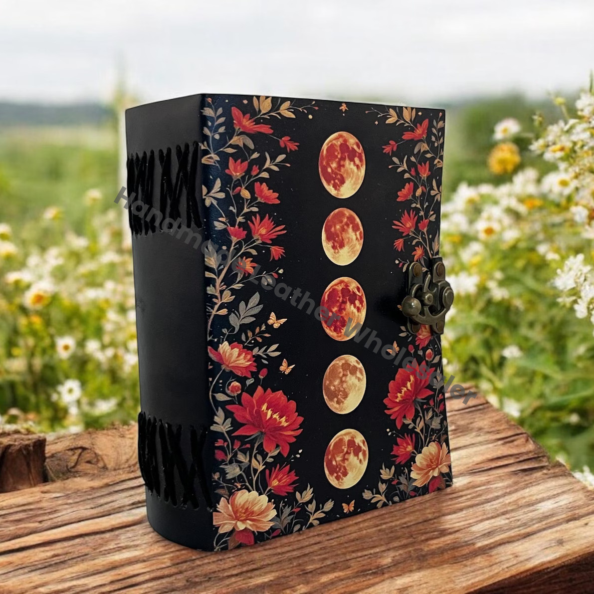 Large Grimoire Vintage leather journal, Moon Phase Fat Journal, Blank spell book of shadows