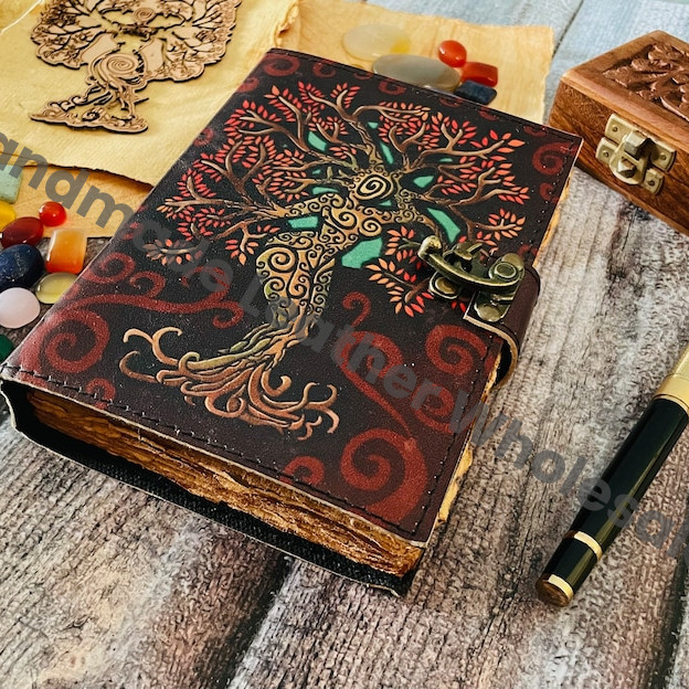 Tree of Life Leather Print Grimoire Journal: Tree of Life, Deckle Edge Paper