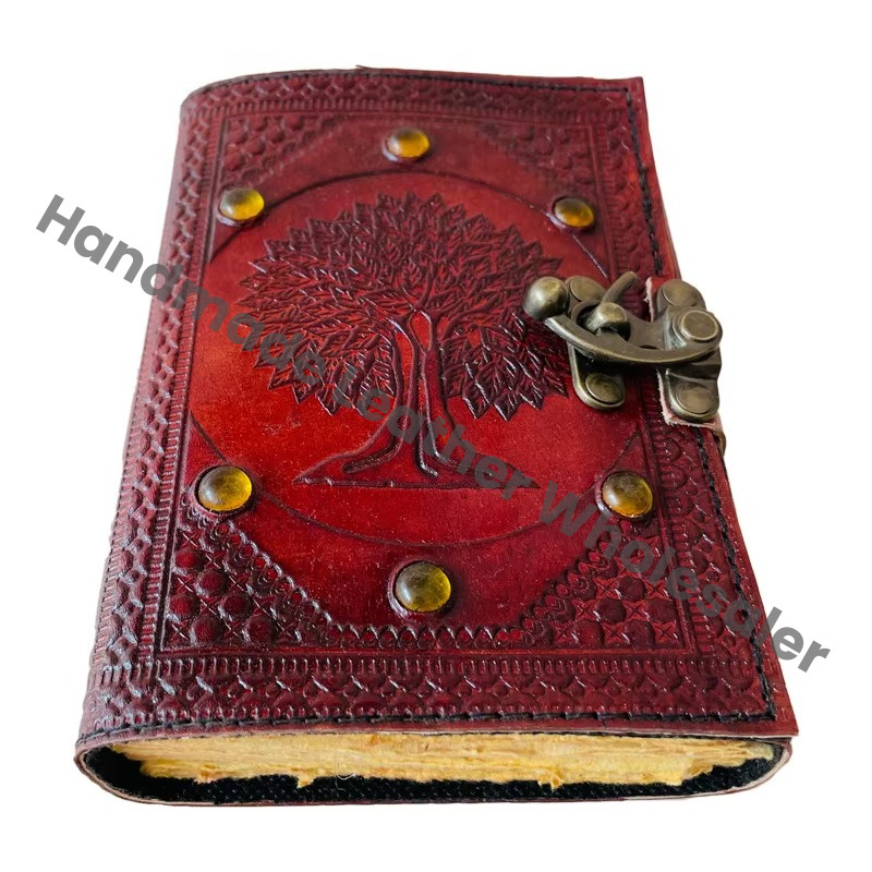 Tree of life Nature Vintage Leather Book Spells Celtic Wiccan Brown Seven Stone Journals for Writing Deckle Paper Diary Planner