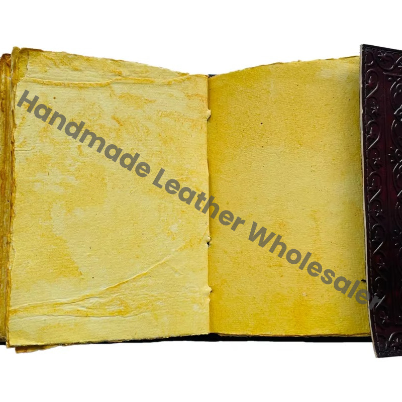 Tree of Life with Man Antique Embossed Hardcover Leather Journal Metal Closure Yellow Vintage Guest Book Handmade Paper Gift