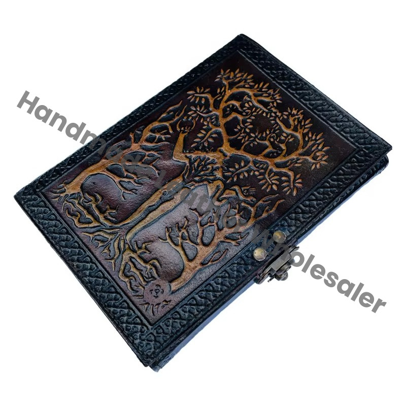 Tree of Life with Man Antique Embossed Hardcover Leather Journal Metal Closure Yellow Vintage Guest Book Handmade Paper Gift