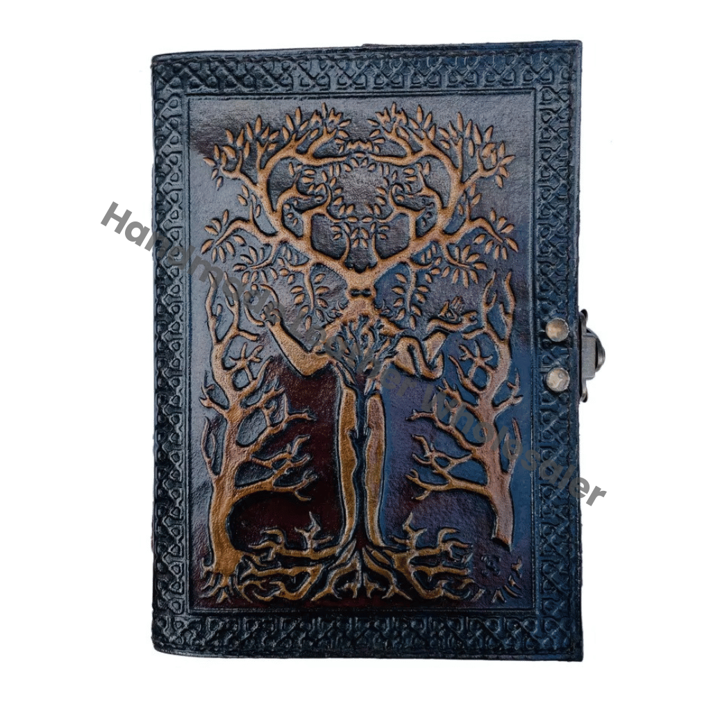 Tree of Life with Man Antique Embossed Hardcover Leather Journal Metal Closure Yellow Vintage Guest Book Handmade Paper Gift