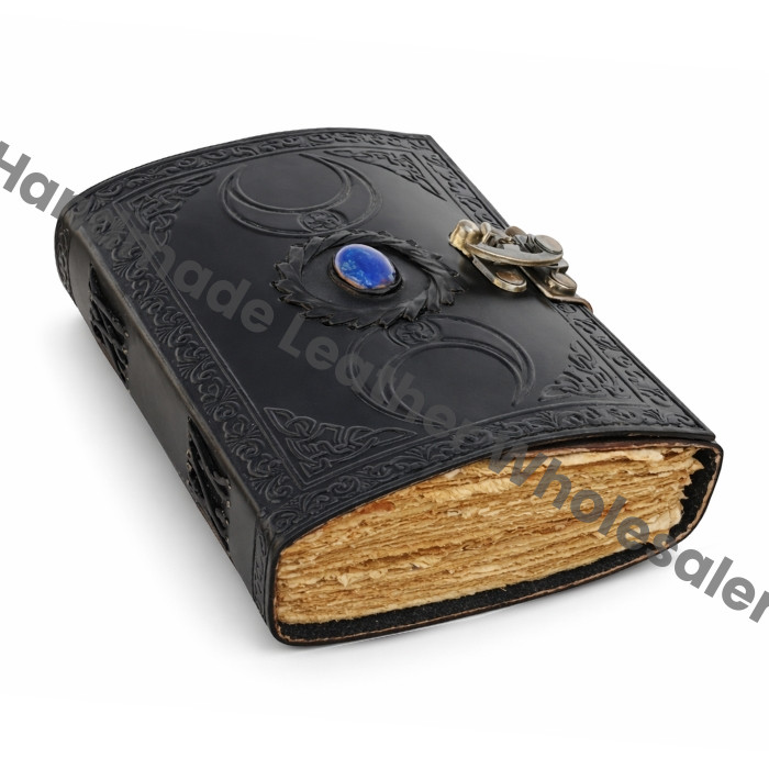 Triple Moon Leather Journal, Lapis Lazuli Stone, Deckle Edge Paper
