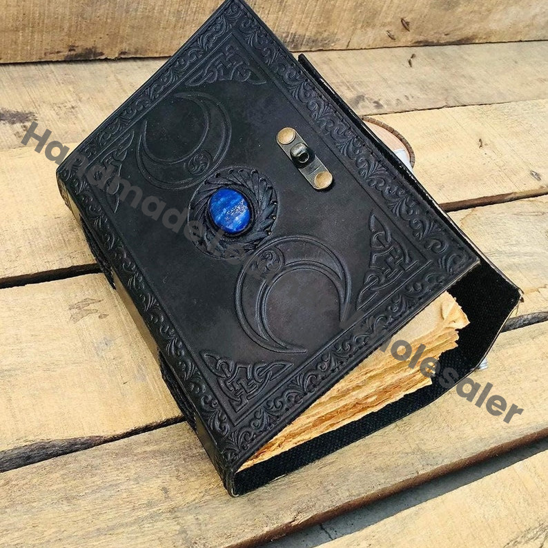 Triple Moon Leather Journal, Lapis Lazuli Stone, Deckle Edge Paper