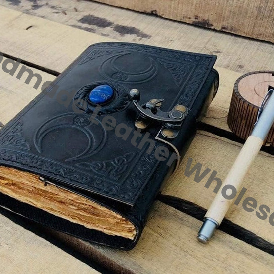 Triple Moon Leather Journal, Lapis Lazuli Stone, Deckle Edge Paper
