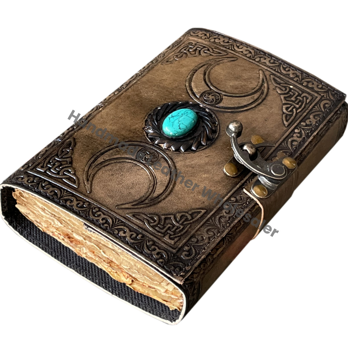 Triple Moon with Stone Leather Journal Notebook-Handmade Eco-friendly Unlined Sheets Gift for Men Women