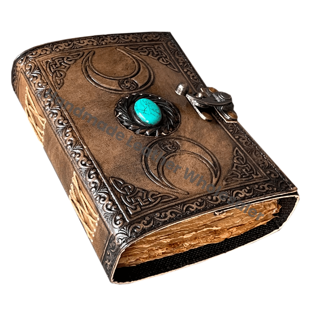 Triple Moon with Stone Leather Journal Notebook-Handmade Eco-friendly Unlined Sheets Gift for Men Women