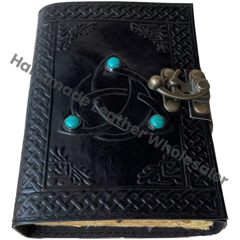 Triquetra embossed Leather Journal Hardcover Antique Embossed Lock Black Guest Book Handmade Recyclable Handmade Paper Gift Him Notebooks