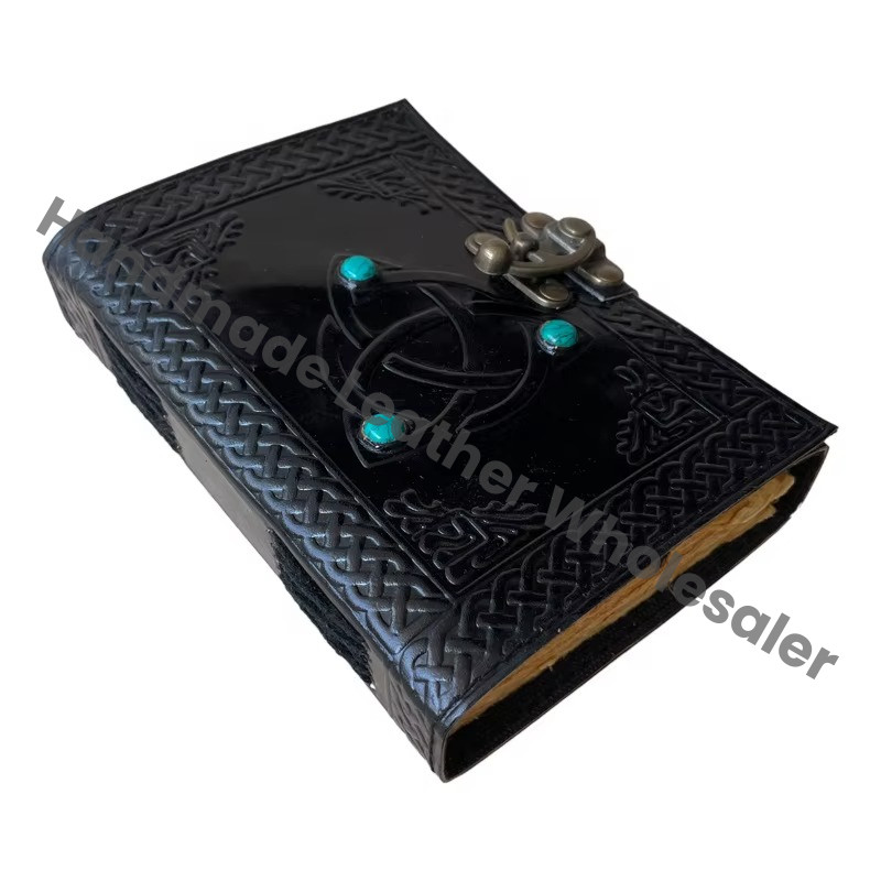 Triquetra embossed Leather Journal Hardcover Antique Embossed Lock Black Guest Book Handmade Recyclable Handmade Paper Gift Him Notebooks