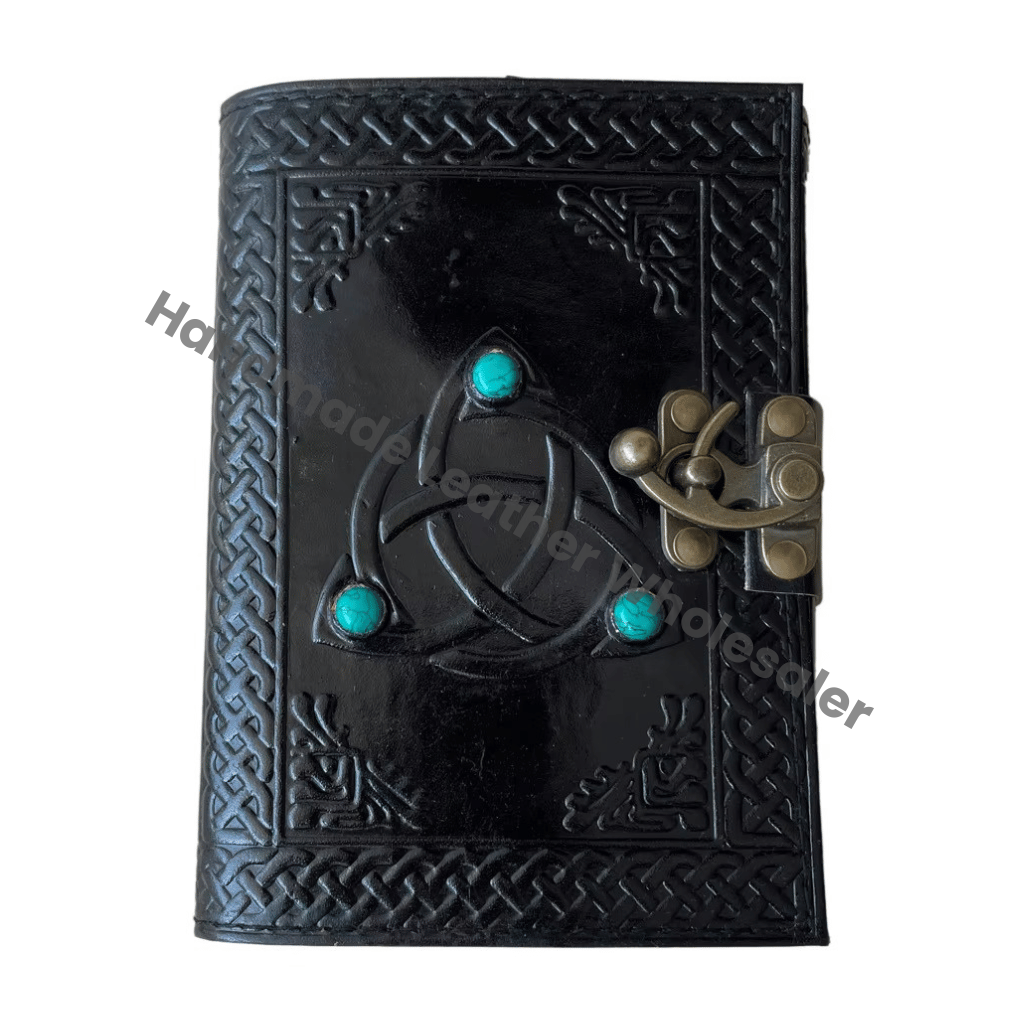Triquetra embossed Leather Journal Hardcover Antique Embossed Lock Black Guest Book Handmade Recyclable Handmade Paper Gift Him Notebooks