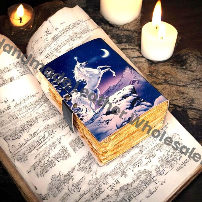 Unicorn Leather Grimoire – Celestial Spell Book of Shadows, Witchcraft Spellbook, Wiccan Pagan Gothic Witchy Magic Gift
